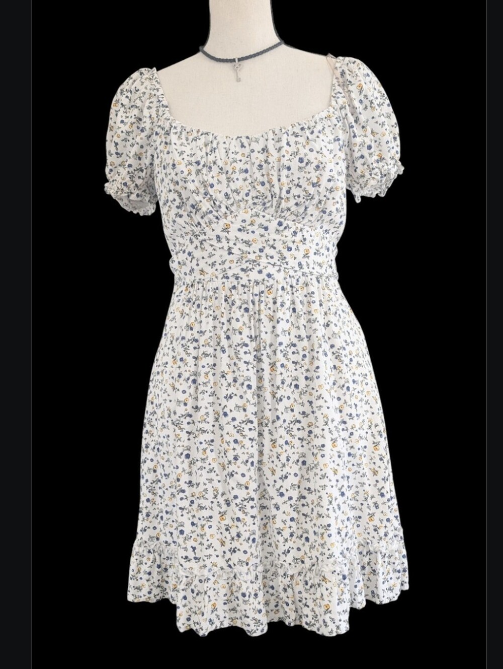 Altar'd State Floral Puff-Sleeve Summer Dress - White with Blue & Yellow Print